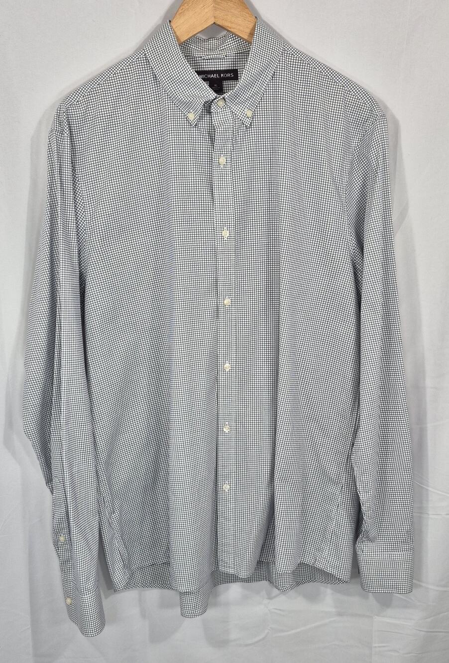 Michael Kors Mens XL Trim Stretch Grid Check Button Down Shirt Blue White